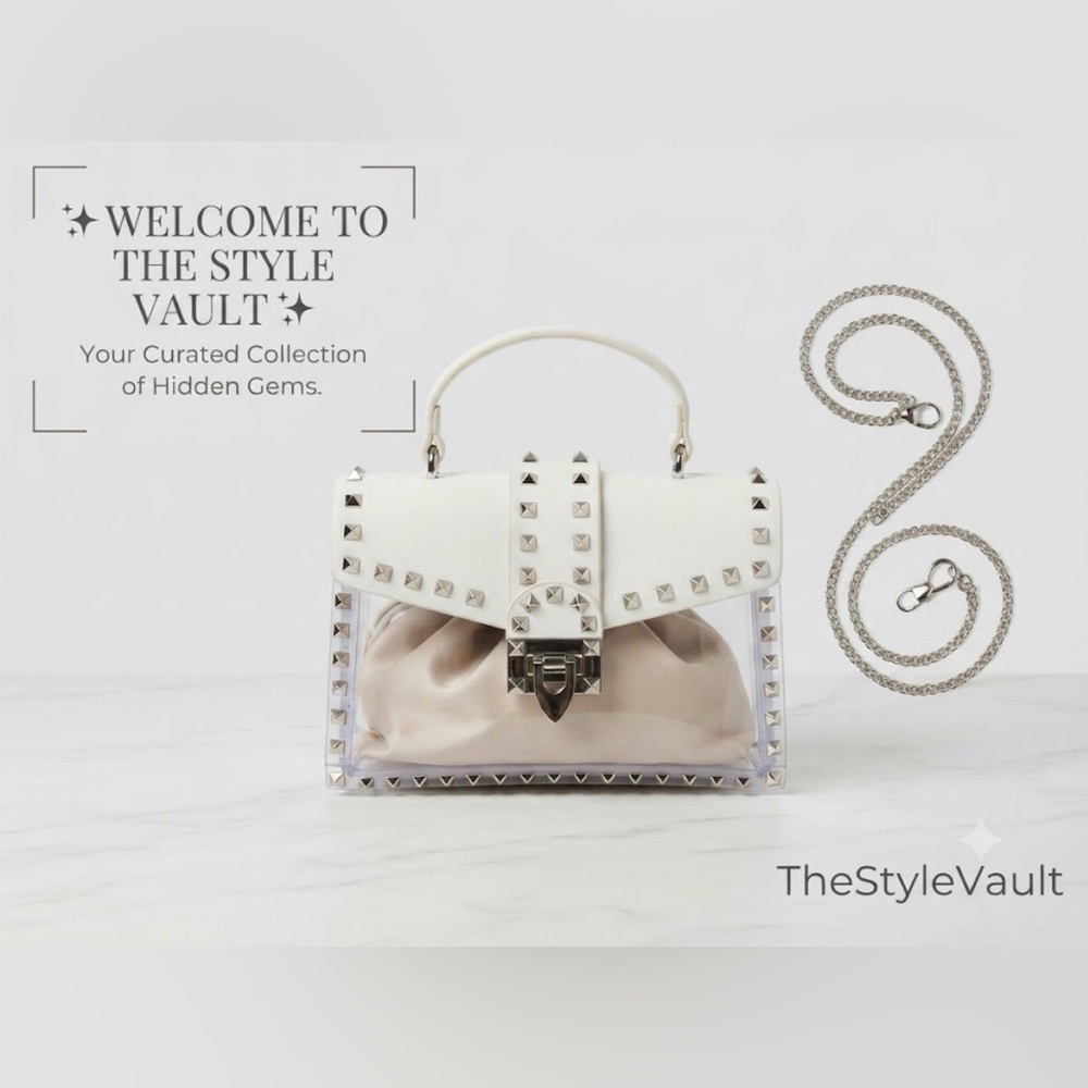 White Studded Clear Top-Handle Bag with Beige Pouch
